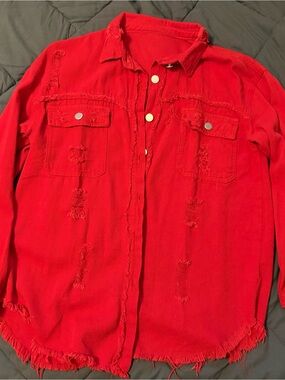 Red Distressed Button-Front Shirt Jacket